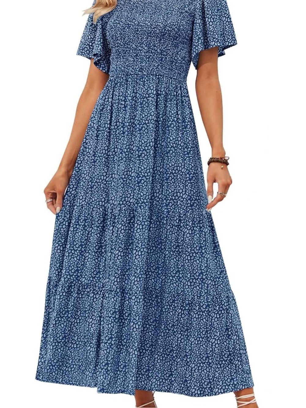 Smocked Waist Blue Printed Maxi Dress